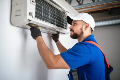 360_F_621046421_Vcay4nYa8ozdeodOQVDfES6MRrC6N3b8 Air conditioning technician servicing a wall-mounted AC unit in Fountain Hills, AZ