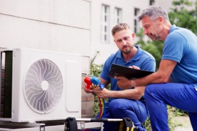 ac-installation-in-claremont-ca HVAC technicians reviewing an outdoor air conditioning unit in Fountain Hills, AZ